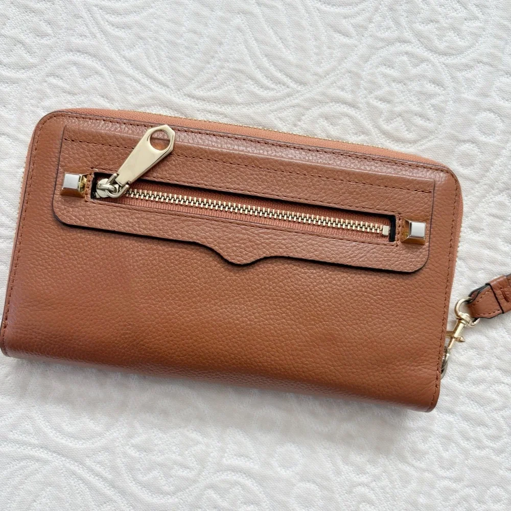 Rebecca Minkoff Regan Zip Wristlet with Lightning Charger, Brown Pebbled Leather
